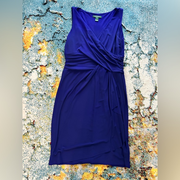Ralph Lauren Blue Drape Front Sleeveless Dress Size 14 - Picture 2 of 2